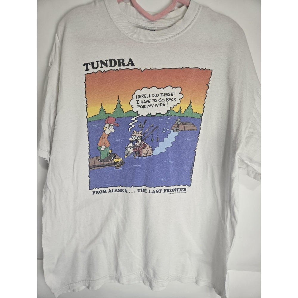 Vintage 90s Tundra The Last Frontier T-shirt Fishing Humor Comedy Large Marriage